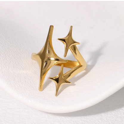 Gold spike ring on a white plate with a white background