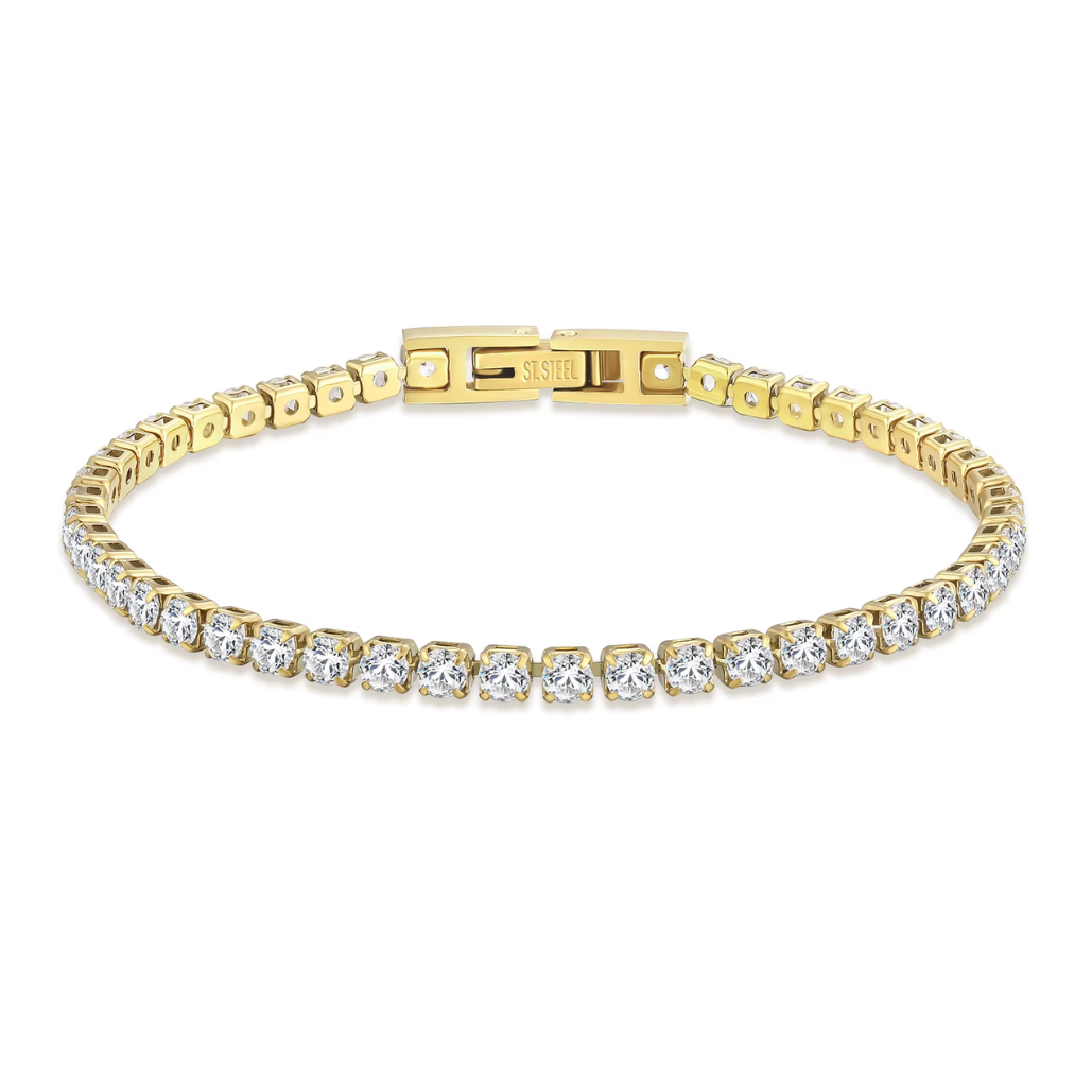 Gold bracelet with diamond accents on a white background