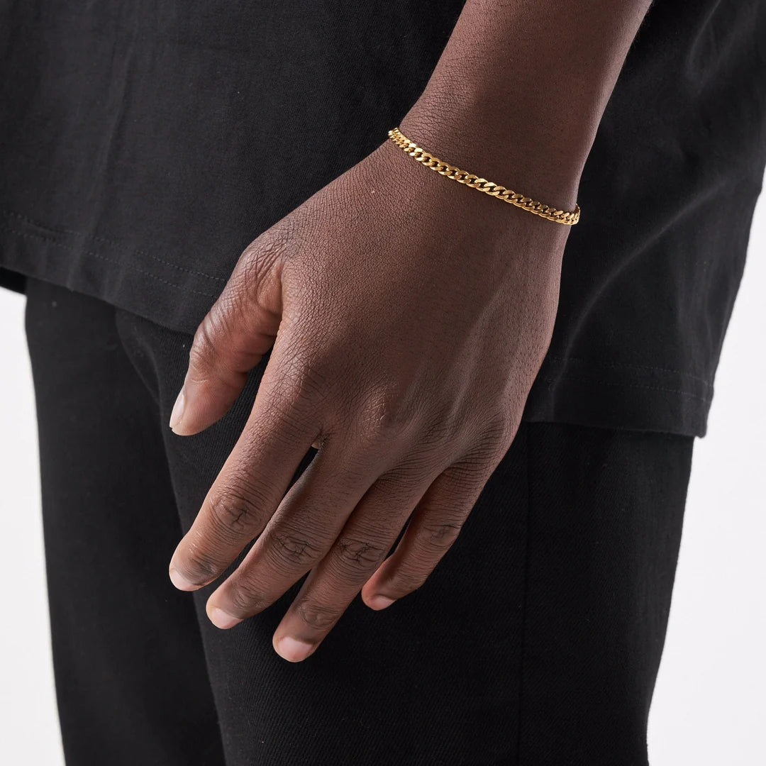 Hand wearing a gold chain bracelet on a plain background